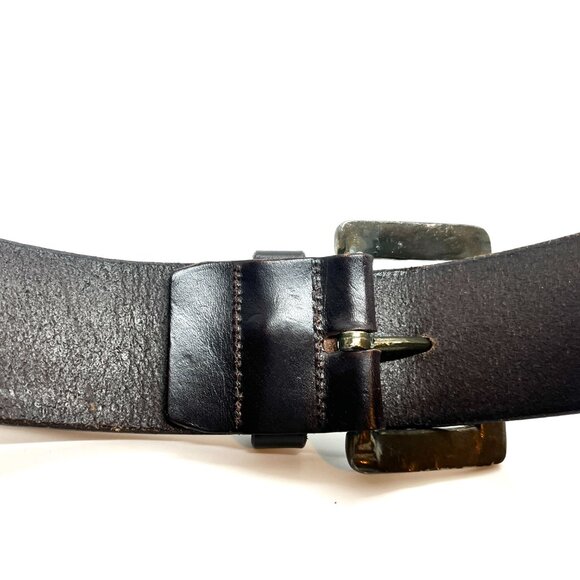 VINTAGE DKNY LEATHER Belt Brown Brass Buckle USA Made Wide Patina Size Small main image 11